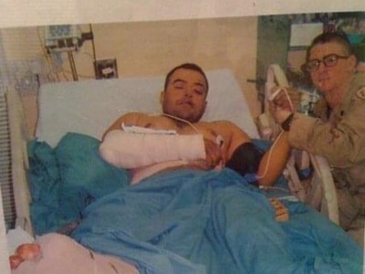 Staff Sgt. Armando Mejia just hours after he was injured in Mosul Iraq 2004.