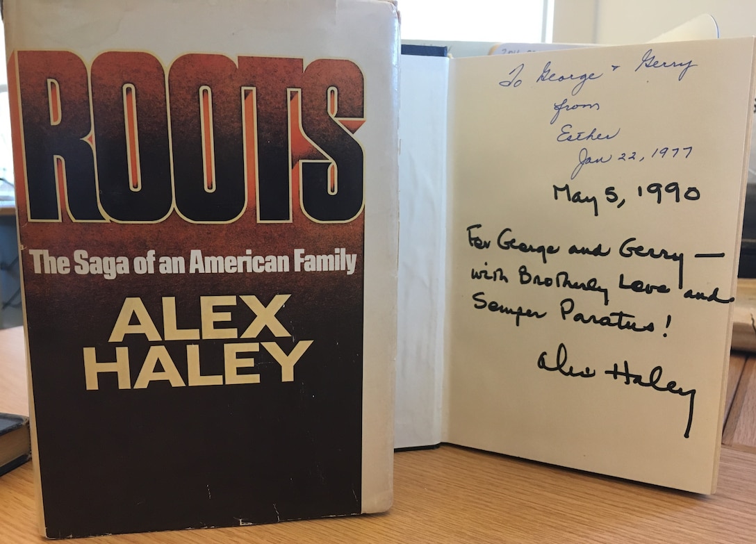 FROM THE CG HISTORIAN LIBRARY: Two autographed copies of ROOTS, by Alex Haley. Haley served in the Coast Guard from World War II to 1959, and subsequently interviewed Mohamed Ali, Malcolm X, and other prominent Americans. In 1965, Haley interviewed the Rev. Martin Luther King Jr.