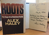 FROM THE CG HISTORIAN LIBRARY: Two autographed copies of ROOTS, by Alex Haley. Haley served in the Coast Guard from World War II to 1959, and subsequently interviewed Mohamed Ali, Malcolm X, and other prominent Americans. In 1965, Haley interviewed the Rev. Martin Luther King Jr.