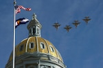 The Colorado Air National Guard conducts an F-16 Fighting Falcon flyover during the inauguration ceremony for Gov. Jared Polis held at the Colorado State Capitol, Denver, Jan. 8, 2018. (U.S. Air National Guard photo by Maj. Darin Overstreet)