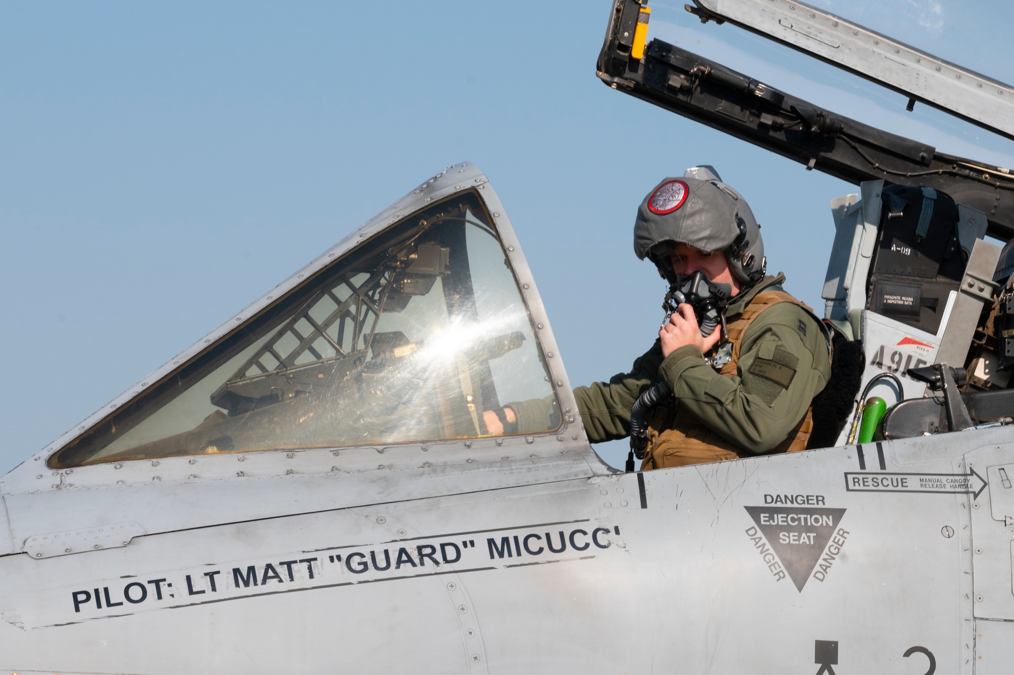 U.S. Air Force Captain Sean Loughlin, 25th Fighter Squadron pilot, shuts down his aircraft following a training mission at Osan Air Base, Republic of Korea, Jan. 4, 2023.