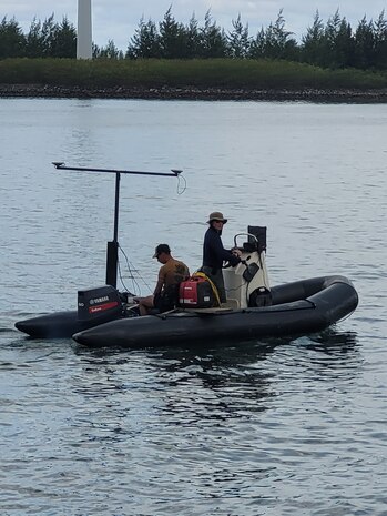 221210-N-NO901-6001 PORT VICTORIA, Seychelles (Dec. 10, 2022) Information Systems Technician 2nd Class Angel Diaz, left, and Utilitiesman 2nd Class Robert Erlich, assigned to Underwater Construction Team One, operate a multibeam sonar system aboard a small craft to produce a hydrographic survey of Port Victoria, Seychelles, Dec. 10, 2022. CTF 68 headquartered in Rota, Spain, commands all Navy Expeditionary Forces in U.S. European Command and U.S. Africa Command areas of responsibility and is responsible for providing EOD operations, naval construction, expeditionary security, and theater security efforts in direct support of U.S. Naval Forces Europe-Africa and U.S. Sixth Fleet. (U.S. Navy courtesy photo)