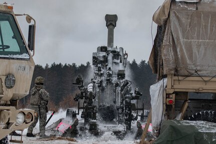 Bravo Battery, 120th Field Artillery Regiment, 32nd Infantry Brigade Combat Team, Wisconsin National Guard, conducted a fires mission at Camp Grayling, Mich., Jan. 24. 2022, during Northern Strike 22-1. The 2023 version is scheduled at the National All-Domain Warfighting Center Jan. 20-29.