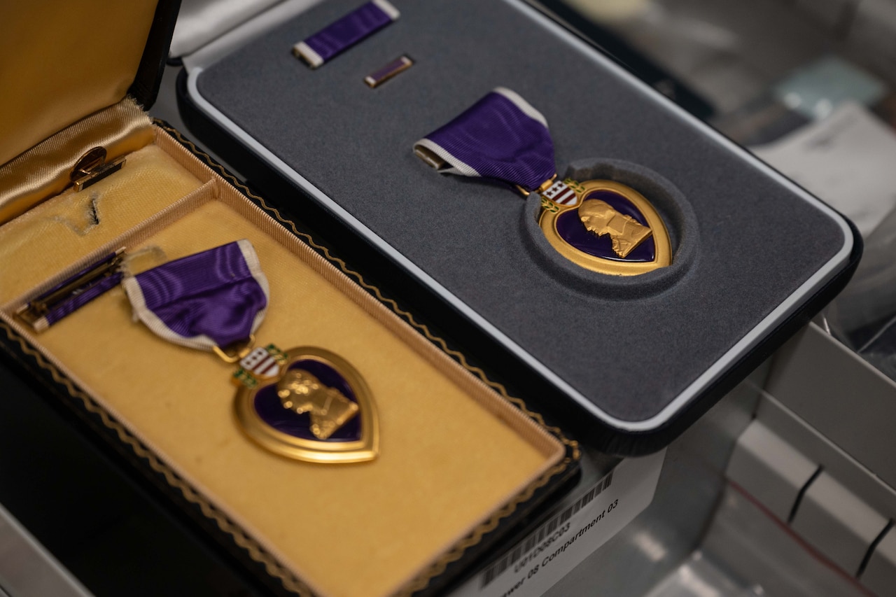 Two medals with ribbons sit inside cushioned boxes.