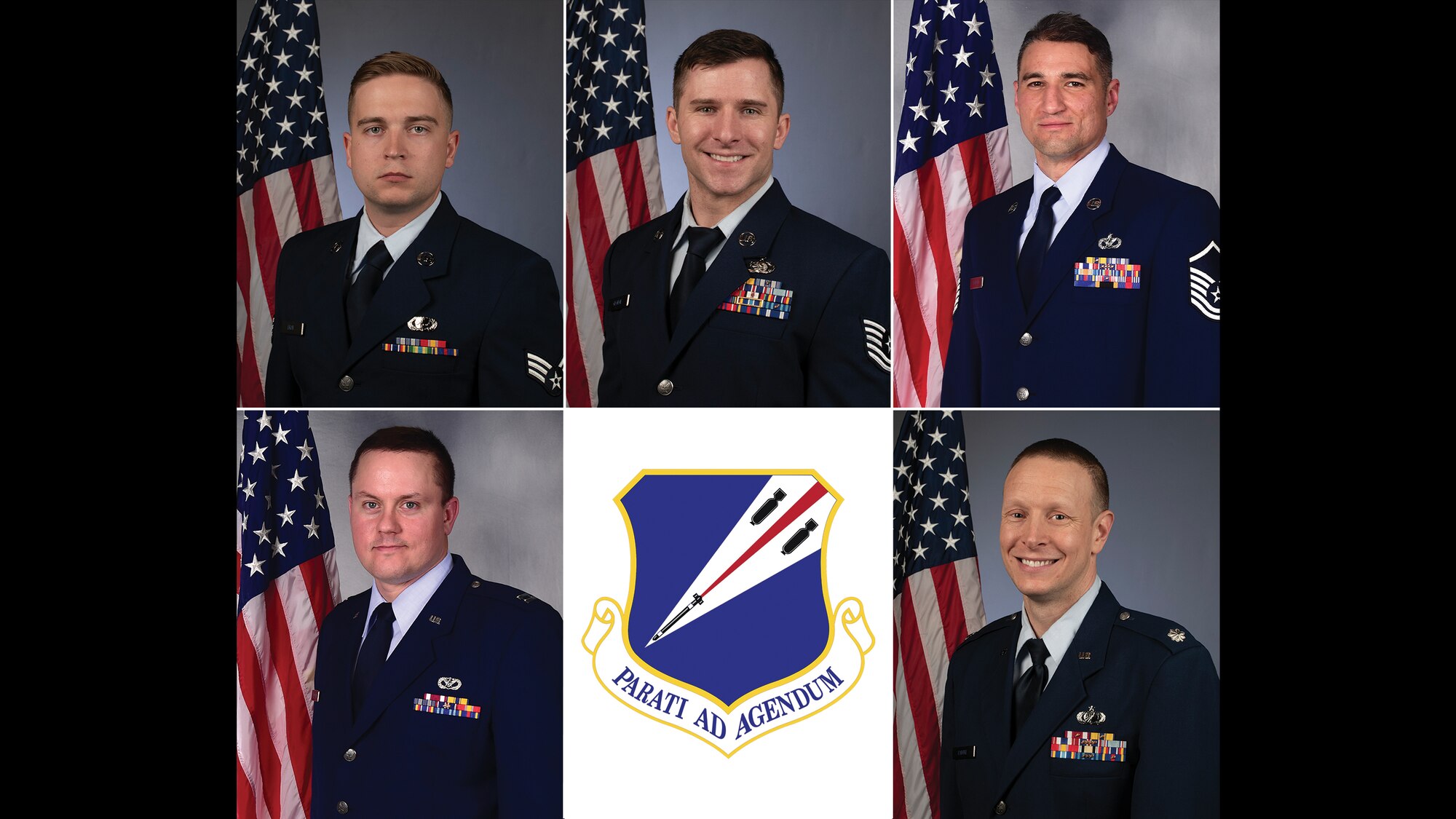 Collage of five Air National Guard Airmen in service dress uniform as well as the 131st Bomb Wing emblem.