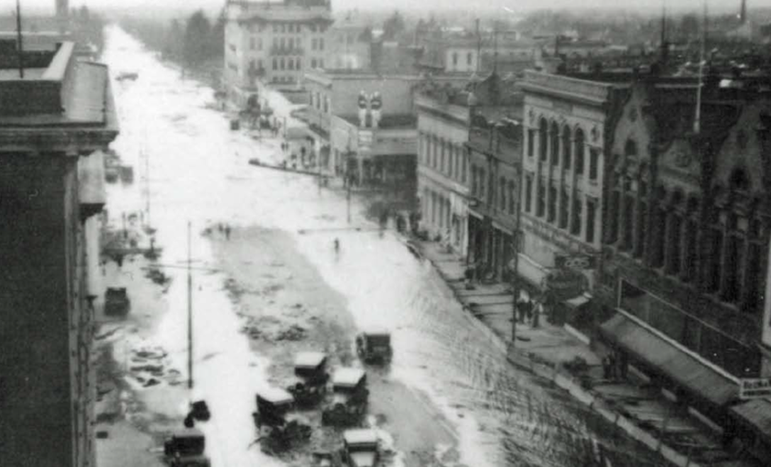 Main Street of Walla Walla in 1931. On March 31, 1931, an estimated 6.65 inches of intense rainfall created what was termed “the worst flood in Walla Walla’s history.” The floodwaters resulted in extensive damages throughout the city.