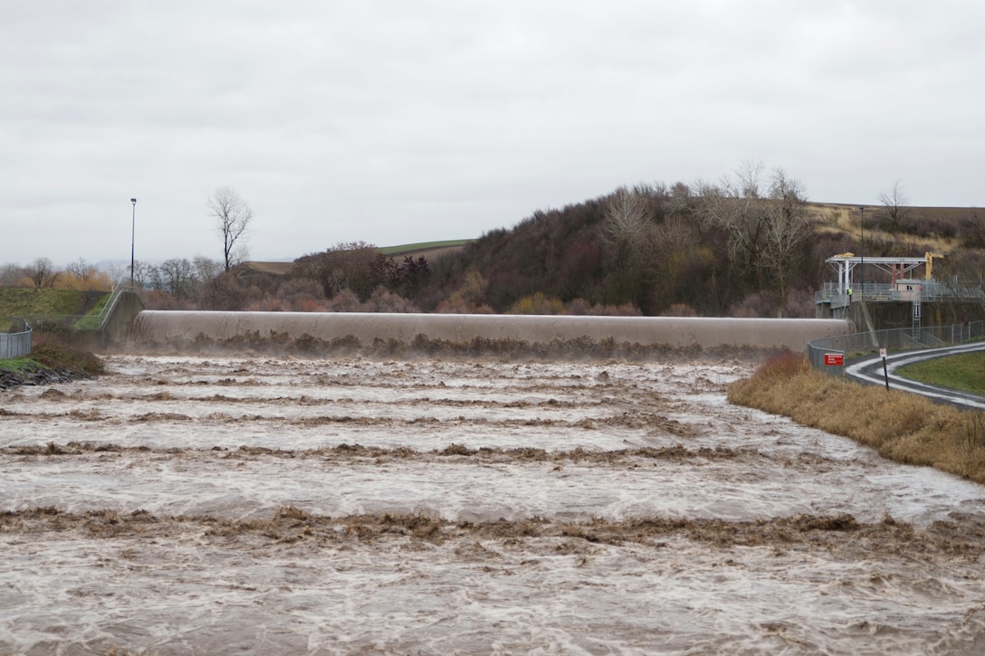 The Mill Creek Channel and Diversion Dam during the flood of 2020.