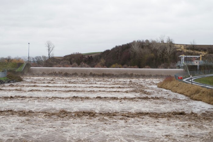 The Mill Creek Channel and Diversion Dam during the flood of 2020.