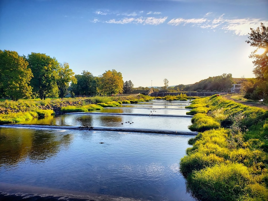 The Mill Creek Channel and Diversion Dam on a bright and sunny morning.