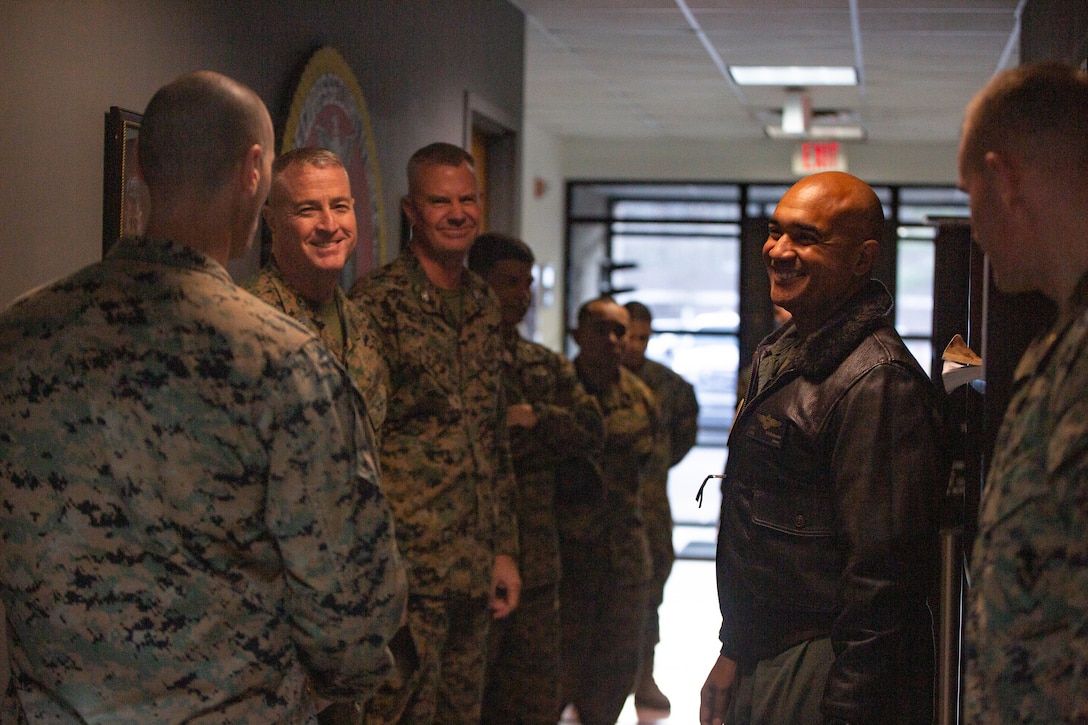 U.S. Marine Corps Lt. Gen. Brian W. Cavanaugh, right, the commanding general of Fleet Marine Force, Atlantic, Marine Forces Command, Marine Forces Northern Command, meets with leadership from Training Company, Marine Corps Security Forces Regiment (MCSFR) at Naval Support Activity Northwest Annex, Virginia, Jan. 6, 2023. Cavanaugh personally met the Marines with MCSFR to discuss service retention. In honor of the Marine Corps meeting its retention goal for the first time in 10 years, the Marines reviewed quality of life concerns as well as Manpower and Reserve affairs in order to continuously improve retention rates. (U.S. Marine Corps photo by Cpl. Angel Alvarado)