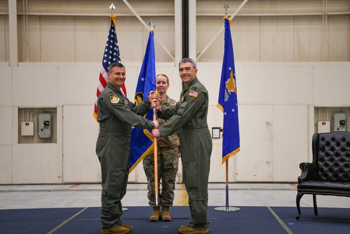 Air Reserve members, family and friends gather to celebrate as Lt. Col. Kevin Snow assumes command of the 349th Operations Group during a ceremony at Travis Air Forces Base, California, January 07, 2023.