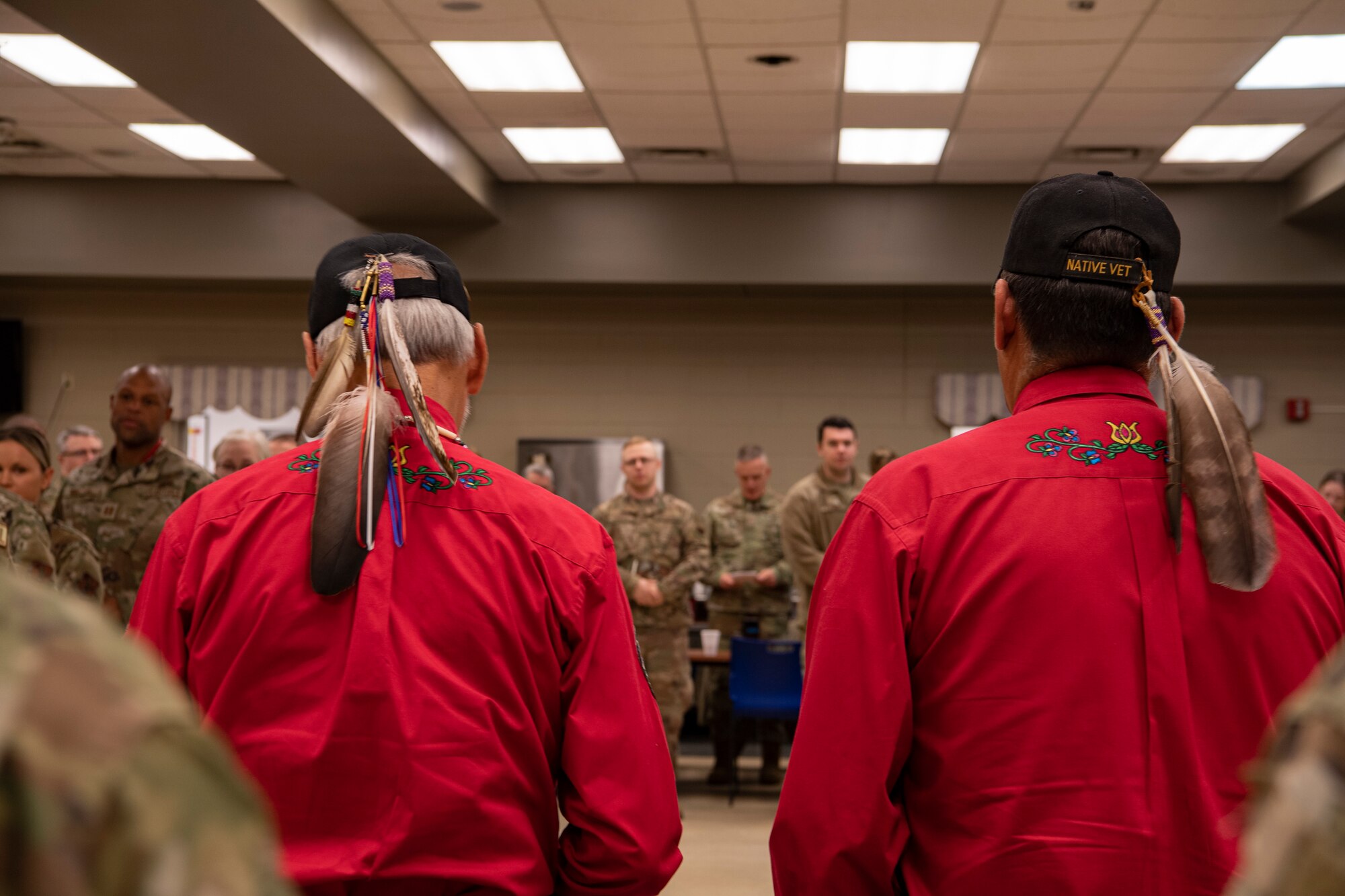 The 110th Chaplain Corps holds the 22nd Annual Prayer Breakfast Oct. 16, 2022 at the Battle Creek Air National Guard Base, Battle Creek, Mich. More than 100 service members attended to share breakfast and fellowship, and listen to Native American Veterans Army Sergeant Jerry Campbell and Marine Sergeant Anthony Foerster discuss their military careers. (U.S. Air National Guard photo by Senior Master Sgt. Sonia Pawloski)