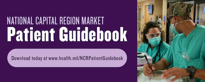 Graphic including link to NCR Market Patient Guidebook and a photo of two clinicians talking to each other.