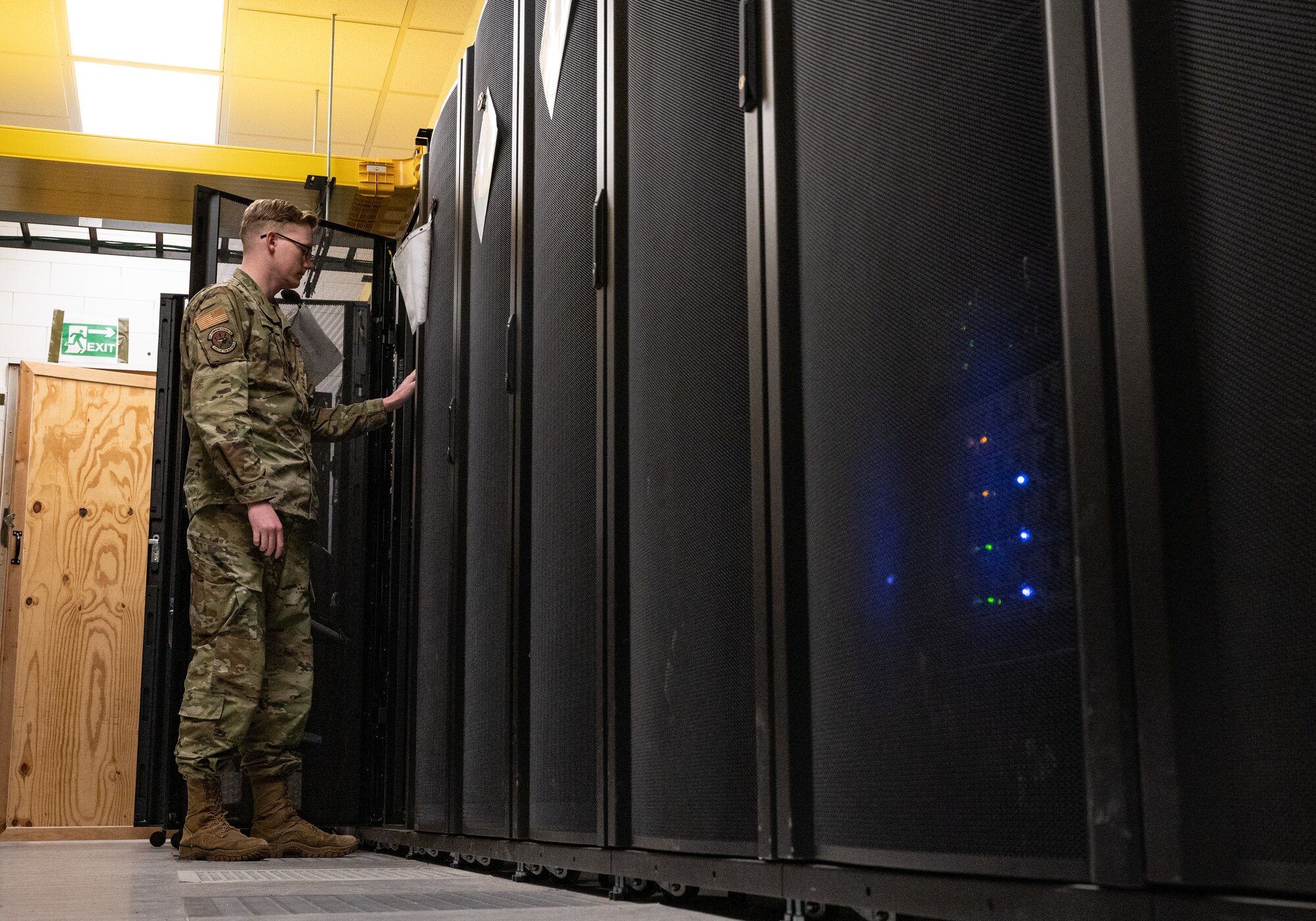 Staff Sgt. Spencer Pearce, 8th Communications Squadron cyber defense vulnerability NCO in charge, checks a server rack at Kunsan Air Base, Republic of Korea, Jan. 9, 2023. Kunsan’s cyber defense 365-team works to protect installation information through mitigating and eliminating vulnerabilities in the network systems. (U.S. Air Force photo by Staff Sgt. Sadie Colbert)
