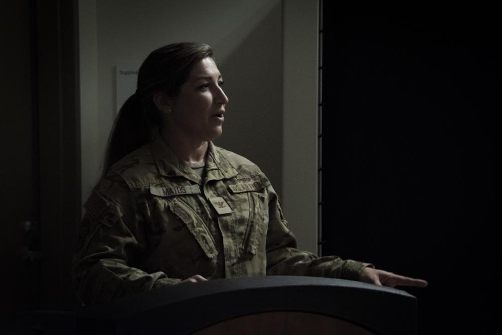 Col. Renee Matos, chief, Department of Pediatrics, speaks at a ribbon cutting ceremony reopening the Pediatric Intensive Care Unit at Brooke Army Medical Center, Fort Sam Houston, Texas, Jan. 5, 2023. Matos recently received the 2022 Military Health System Award for Advancement of Women Physicians in Military Medicine, senior category. (DoD photo by Jason W. Edwards)