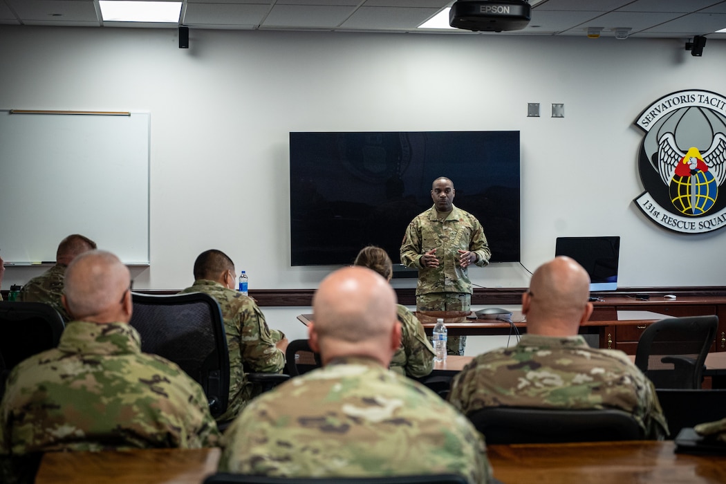 U.S. Air Force Chief Master Sgt. Maurice L. Williams, command chief, Air National Guard, conducts a chiefs meeting to enrich senior enlisted leaders with how to build morale, retention and resiliency within the 129th Rescue Wing, California National Guard, Moffett Air National Guard Base, Mountain View, California, Jan. 7, 2023. These types of meetings allow for the top-tier enlisted force to discuss the upcoming changes and the best ways to reach Airmen. (U.S. Air National Guard photo by Tech. Sgt. Stefany Leyva)