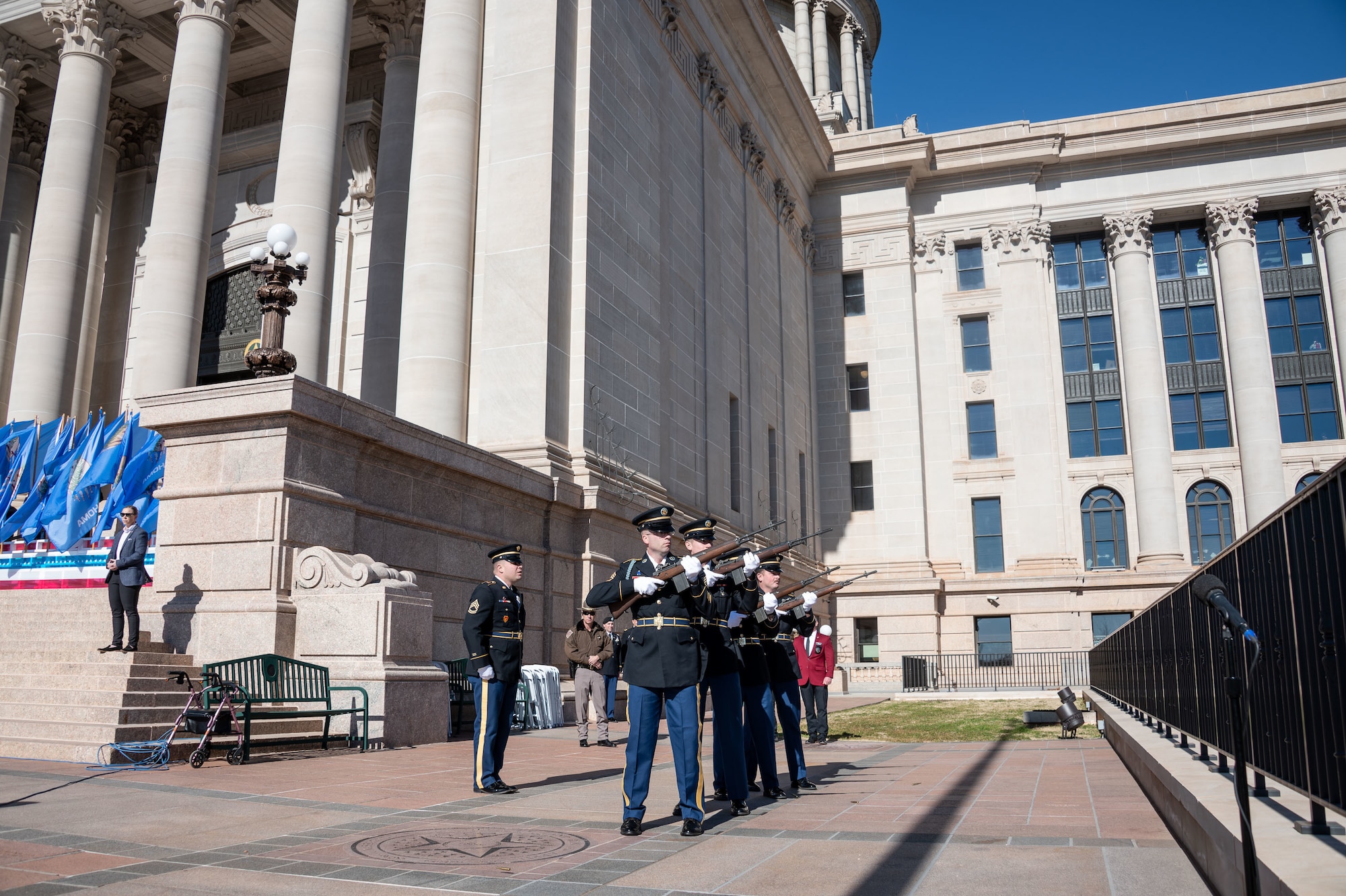 Oklahoma Army Soldiers fire a 19 gun salute during the 2023 Oklahoma Governor Inauguration at the Oklahoma State Capitol