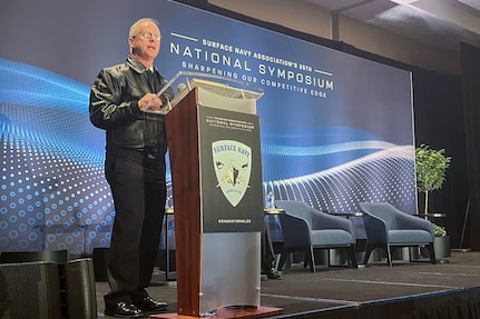 Adm. Daryl Caudle, commander, U.S. Fleet Forces Command (USFFC), delivers remarks at the Surface Navy Association’s 35th Annual National Symposium in Washington, D.C., Jan. 11, 2023.