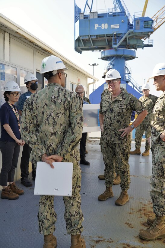 Adm. Samuel Paparo (center), commander, U.S. Pacific Fleet, met with senior leadership from Pearl Harbor Naval Shipyard and Intermediate Maintenance Facility to discuss the U.S. Navy's maintenance mission and how the shipyard keeps the fleet fit to fight in this crucial area of operations, Jan. 10, 2023. (Official U.S. Navy photo by Marc Ayalin)