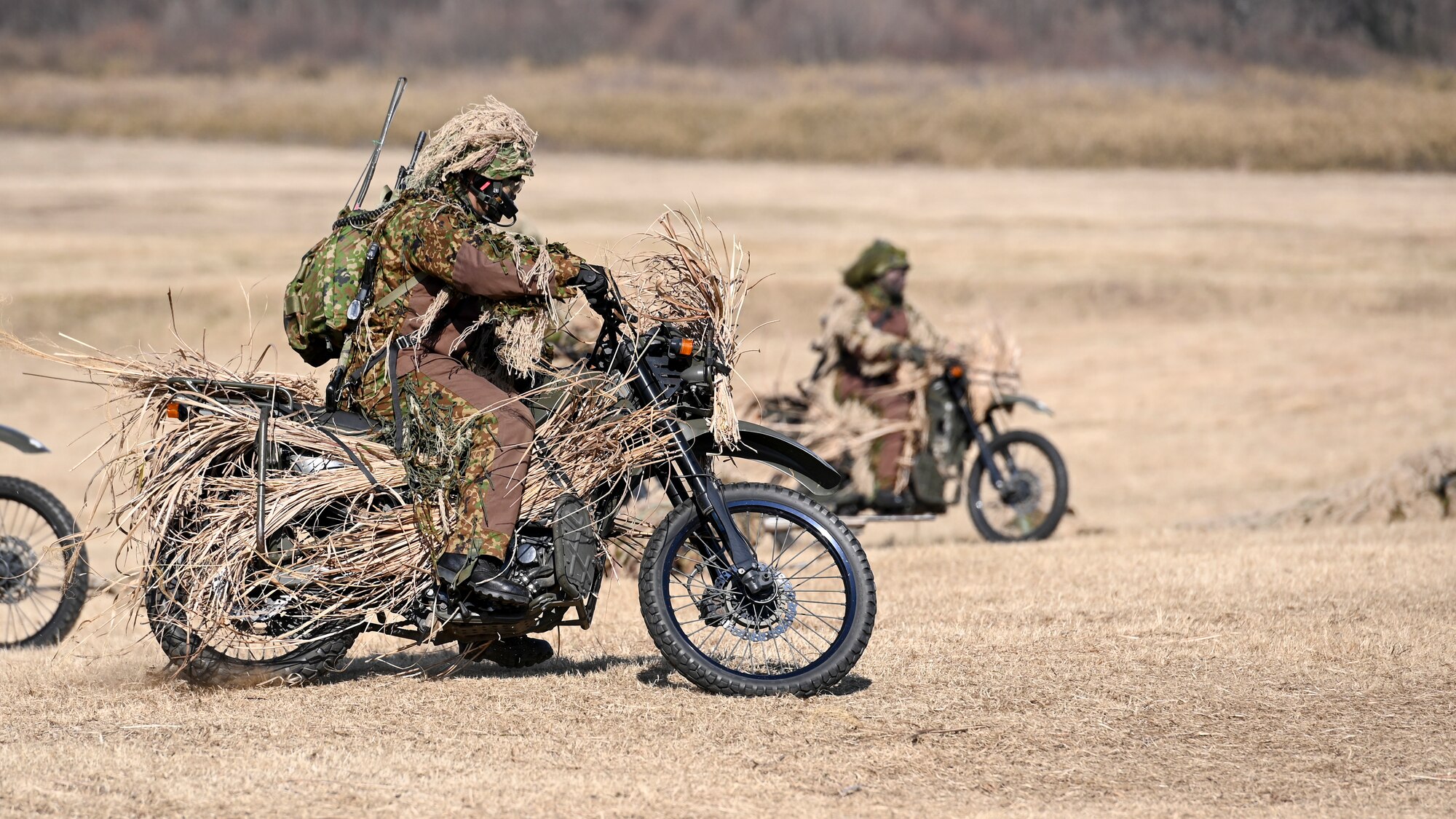 a couple grass camouflaged Japanese soldiers ride motorcycles through a field