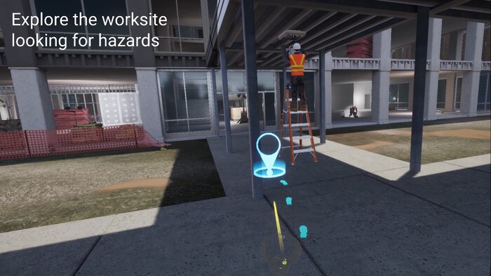 A screenshot of the USACE Safety Trainer 360 shows the first-person perspective of a user navigating the simulated construction site. The virtual reality game, developed through a partnership between the U.S. Army Engineering and Support Center, Huntsville and the Army Game Studio, was recently unveiled during a construction safety course led by the Center’s Safety Office. (Photo by Kristen Bergeson)