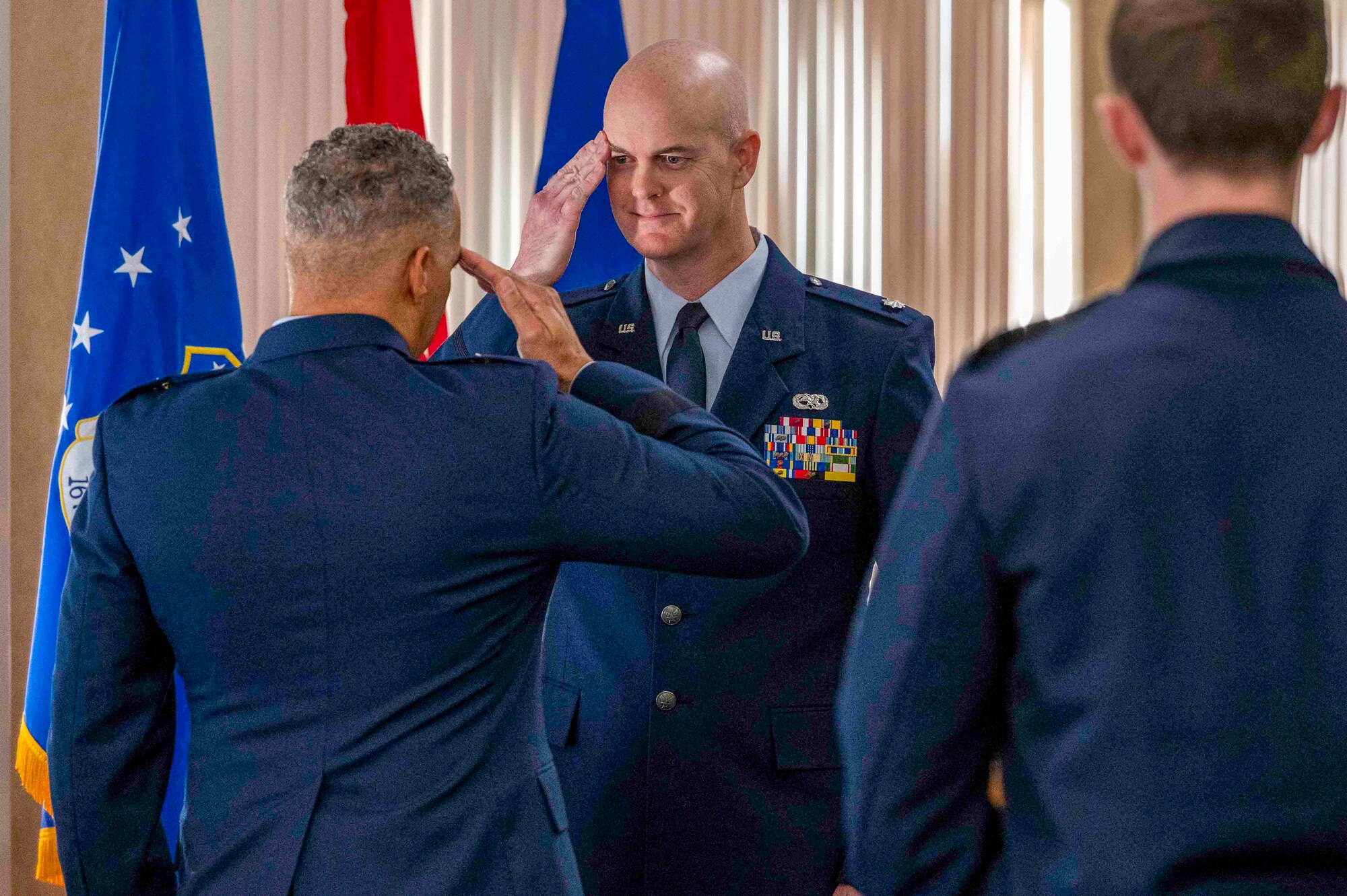 U.S. Air Force Col. Christopher Croson, director of personnel and manpower for the West Virginia Air National Guard salutes U.S. Air Force Brig. Gen. David Cochran the Vice Adjutant General, West Virginia National Guard after being promoted to Colonel at the 167th Airlift Wing, Martinsburg, West Virginia on Jan. 7, 2023.