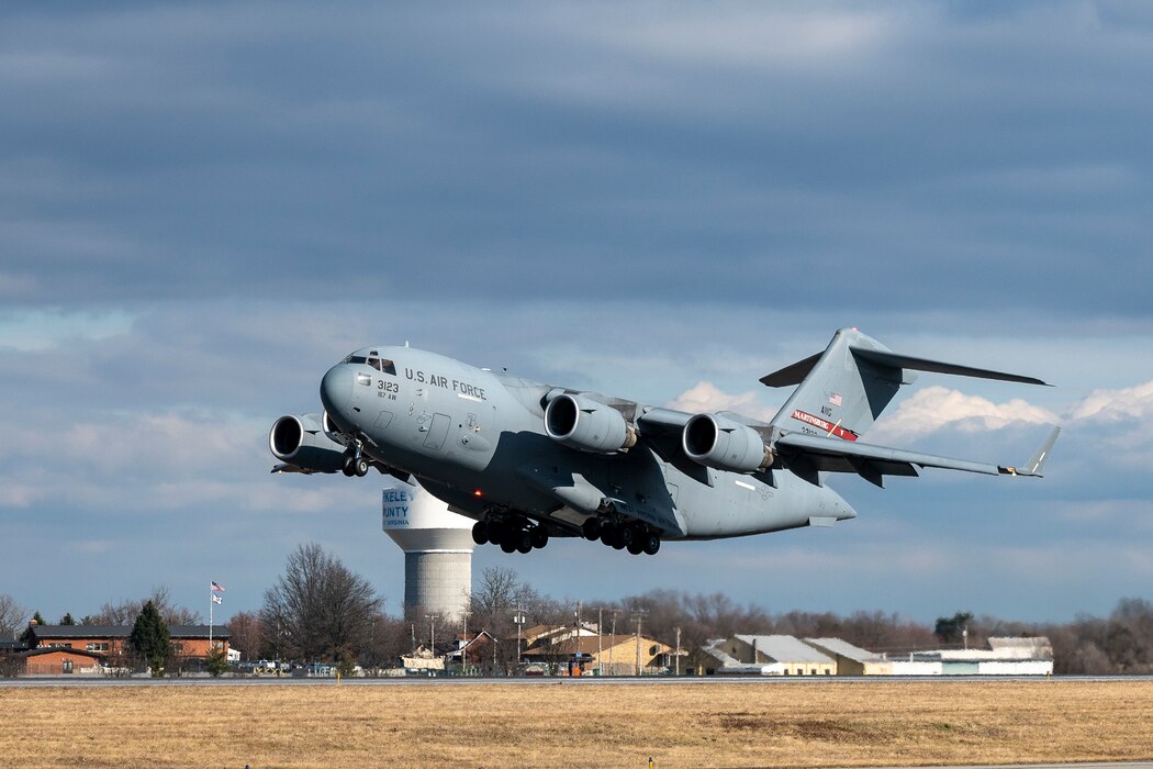 A C-17 Globemaster III aircraft launches from Shepherd Field, Martinsburg, West Virginia, Jan. 7, 2023.