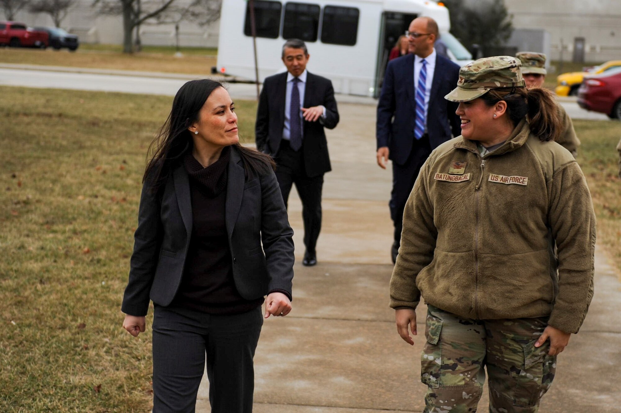 Under Secretary of the Air Force Gina Ortiz Jones speaks with Col. Ariel Batungbacal, National Air and Space Intelligence Center commander, as they make their way inside the Center at Wright-Patterson Air Force Base, Ohio, Jan. 9, 2023. During her visit, Jones met with some of NASIC’s top subject matter experts, received a series of intelligence briefings, and toured the Center’s foreign materiel exploitation labs.