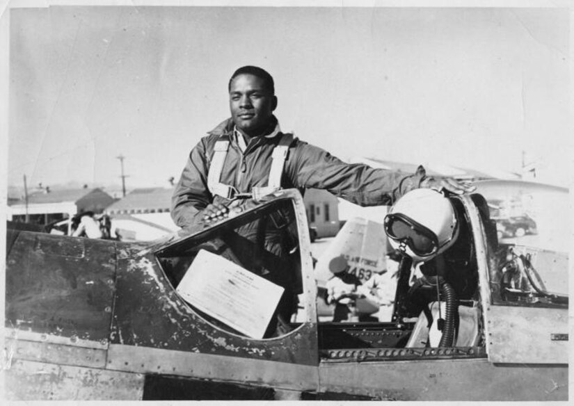 James Edward Preston Randall, circa 1952, in an F-51 Mustang fighter aircraft in South Korea during the Korean War, was a Tuskegee Airman. He went on to become part of the "Shaw 14" in a lawsuit to desegregate public schools in the local district outside of Shaw Air Force Base, South Carolina.