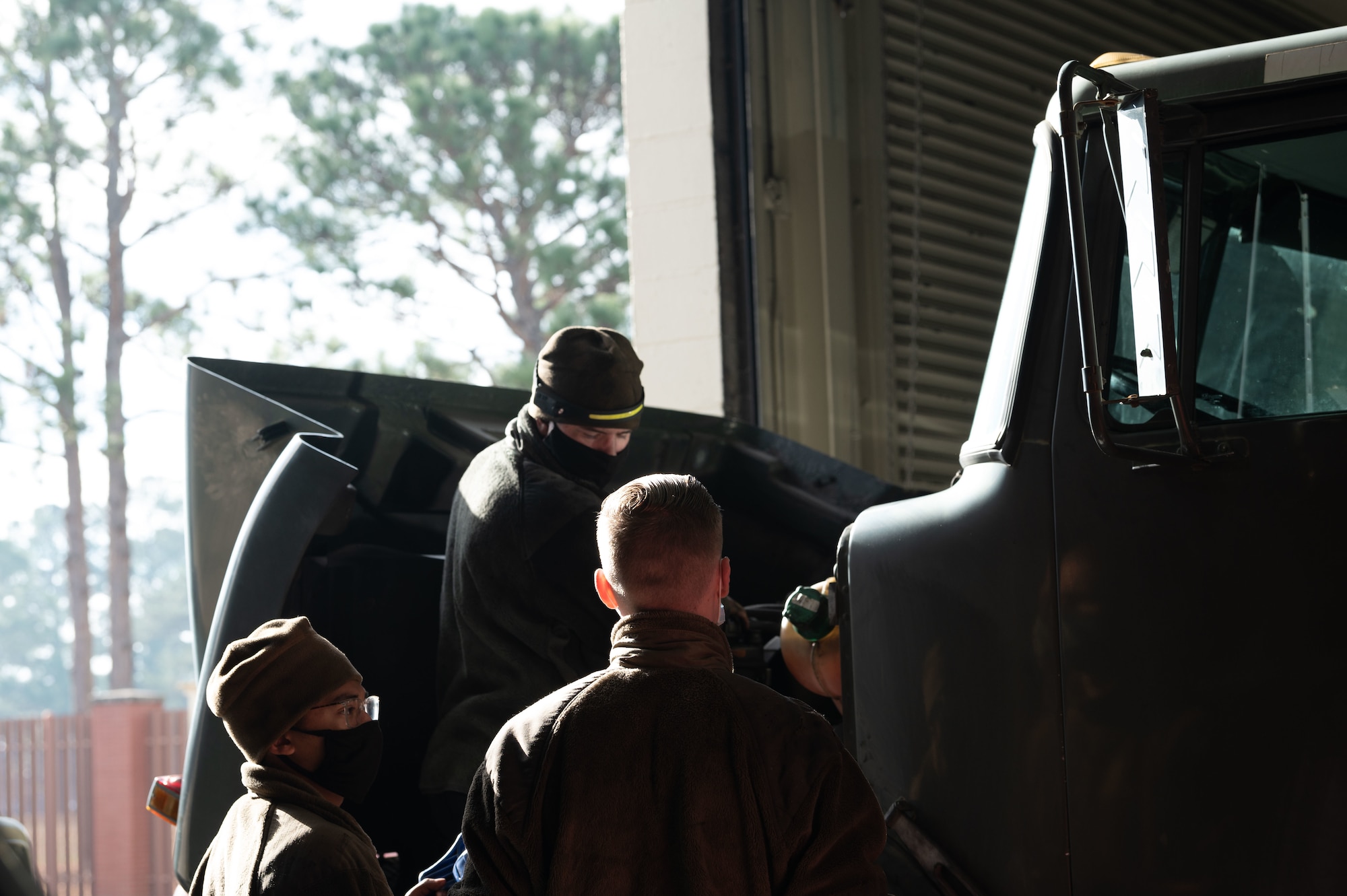 Airmen assigned to the 4th Logistics Readiness Squadron perform maintenance on a refueling tanker at Seymour Johnson Air Force Base, North Carolina, Jan. 10, 2023. Vehicle maintenance Airmen are in charge of vehicle inspections, diagnostics and repair and keeping inventory of any spare parts for Government Owned Vehicles. (U.S. Air Force photo by Airman 1st Class Rebecca Sirimarco-Lang)