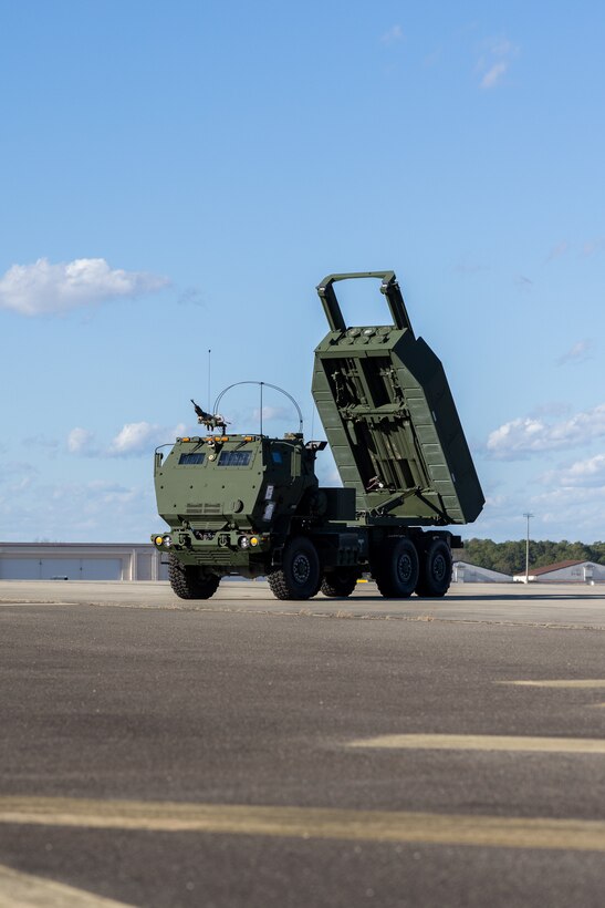 U.S. Marines with 2d Battalion, 10th Marine Regiment, 2d Marine Division, conduct a dry fire with the High Mobility Artillery Rocket System at Fort Bragg, North Carolina, Jan 5, 2023. This exercise is to increase the unit’s ability to transport and employ HIMARS in a multi-service offensive operation. (U.S. Marine Corps photo by Cpl. Michael Virtue)