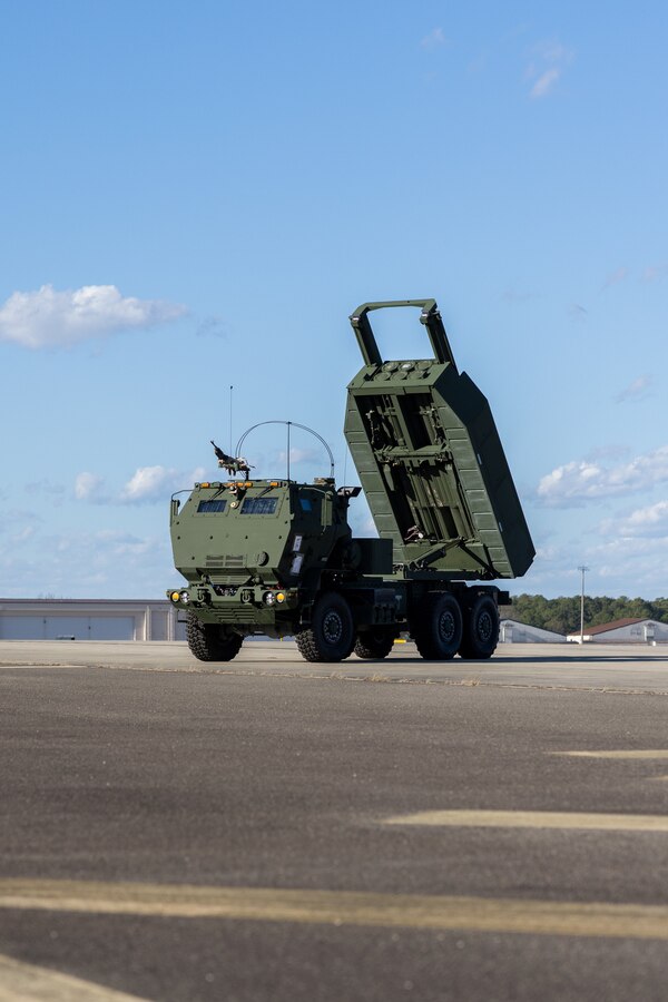U.S. Marines with 2d Battalion, 10th Marine Regiment, 2d Marine Division, conduct a dry fire with the High Mobility Artillery Rocket System at Fort Bragg, North Carolina, Jan 5, 2023.