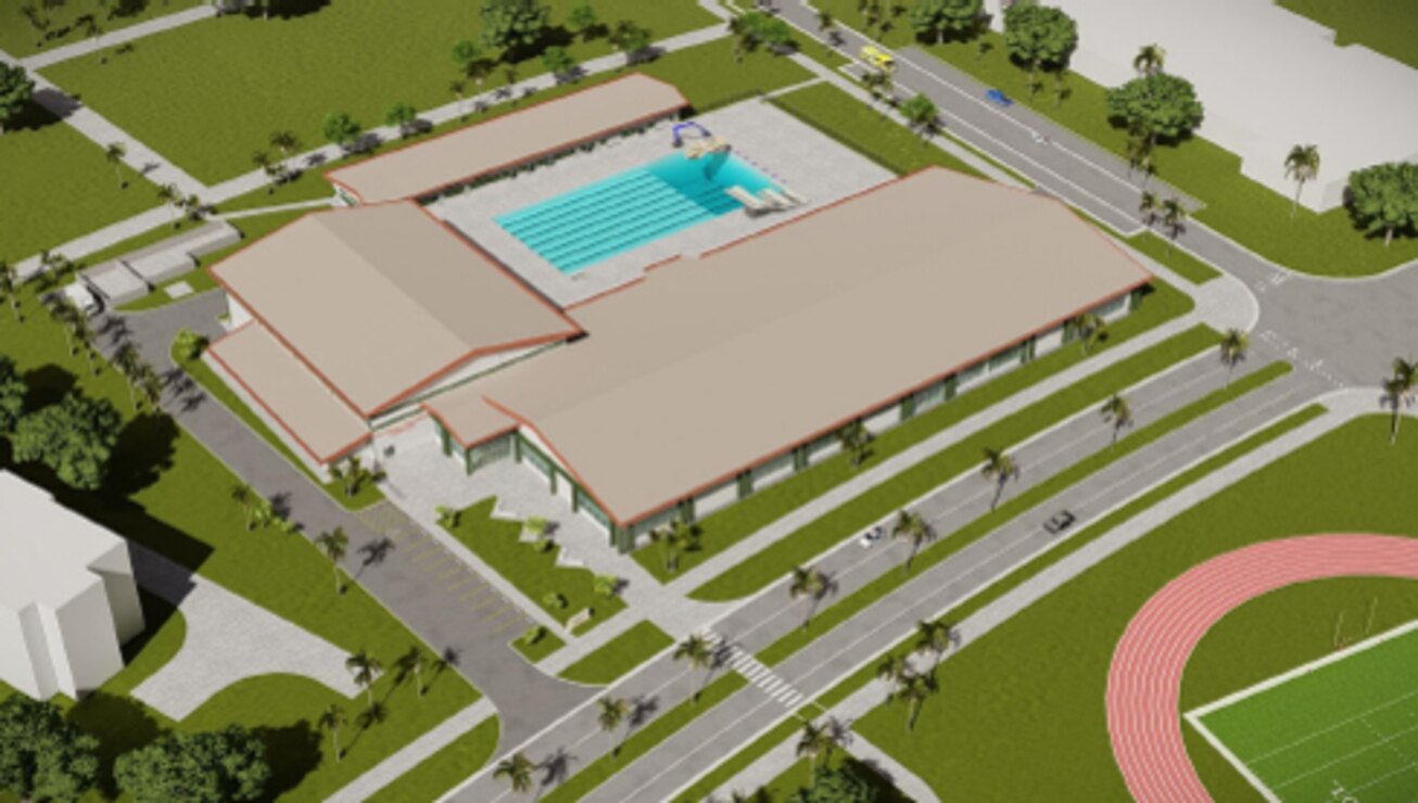 A rendering depicting the base gym currently under construction aboard Marine Corps Base (MCB) Camp Blaz in Guam. The base is currently under construction with a majority of projects slated to be completed in late 2023. The governments of Japan and the United States have committed to developing training areas in Guam and the Commonwealth of the Northern Mariana Islands, as shared use facilities by U.S. Forces and the Japan Self-Defense Forces. (DoD photo illustration by Naval Facilities Engineering Systems Command Pacific)