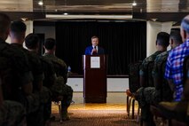 Former Senator Jim Webb leads a discussion during a professional military education course for commissioned officers, Marine Corps Base Hawaii, Dec. 21, 2022. The purpose of the visit was to discuss the Marine Corps: Past, Present, and Future as well as open the floor for a discussion and question and answer. (U.S. Marine Corps photo by Lance Cpl. Clayton Baker)