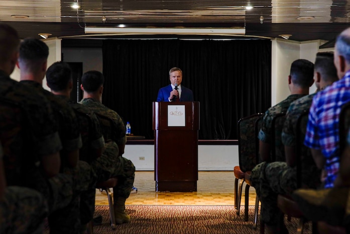 Former Senator Jim Webb leads a discussion during a professional military education course for commissioned officers, Marine Corps Base Hawaii, Dec. 21, 2022. The purpose of the visit was to discuss the Marine Corps: Past, Present, and Future as well as open the floor for a discussion and question and answer. (U.S. Marine Corps photo by Lance Cpl. Clayton Baker)