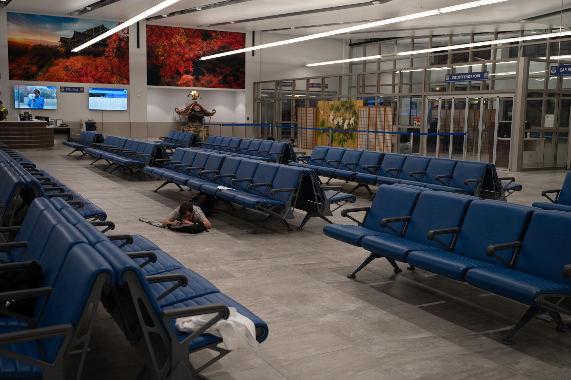 An airplane terminal with simulated victims on floor.