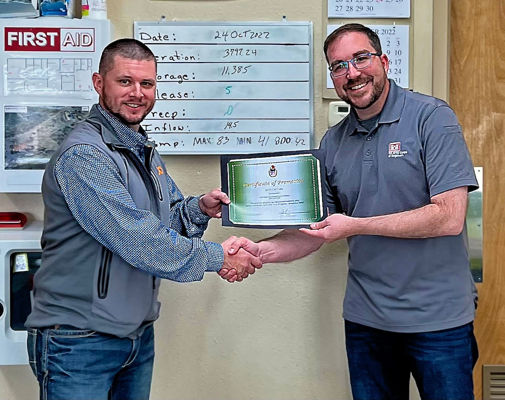 Jacob Pauley, right, chief, Operations Division, performed a Supervisor Promotion Ceremony for Jake Williams, the new Operations Project Manager for the Albuquerque District’s John Martin Dam, located in southern Colorado, Oct. 24, 2022.