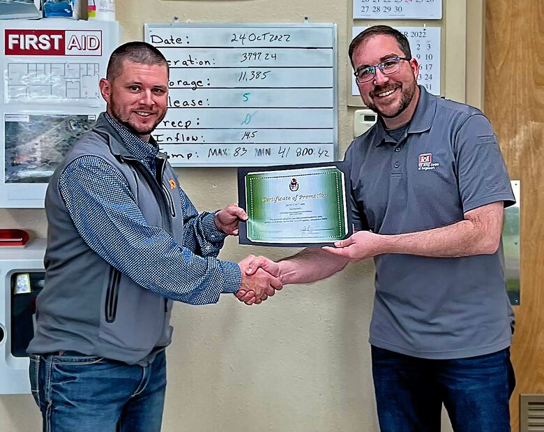 Jacob Pauley, right, chief, Operations Division, performed a Supervisor Promotion Ceremony for Jake Williams, the new Operations Project Manager for the Albuquerque District’s John Martin Dam, located in southern Colorado, Oct. 24, 2022.