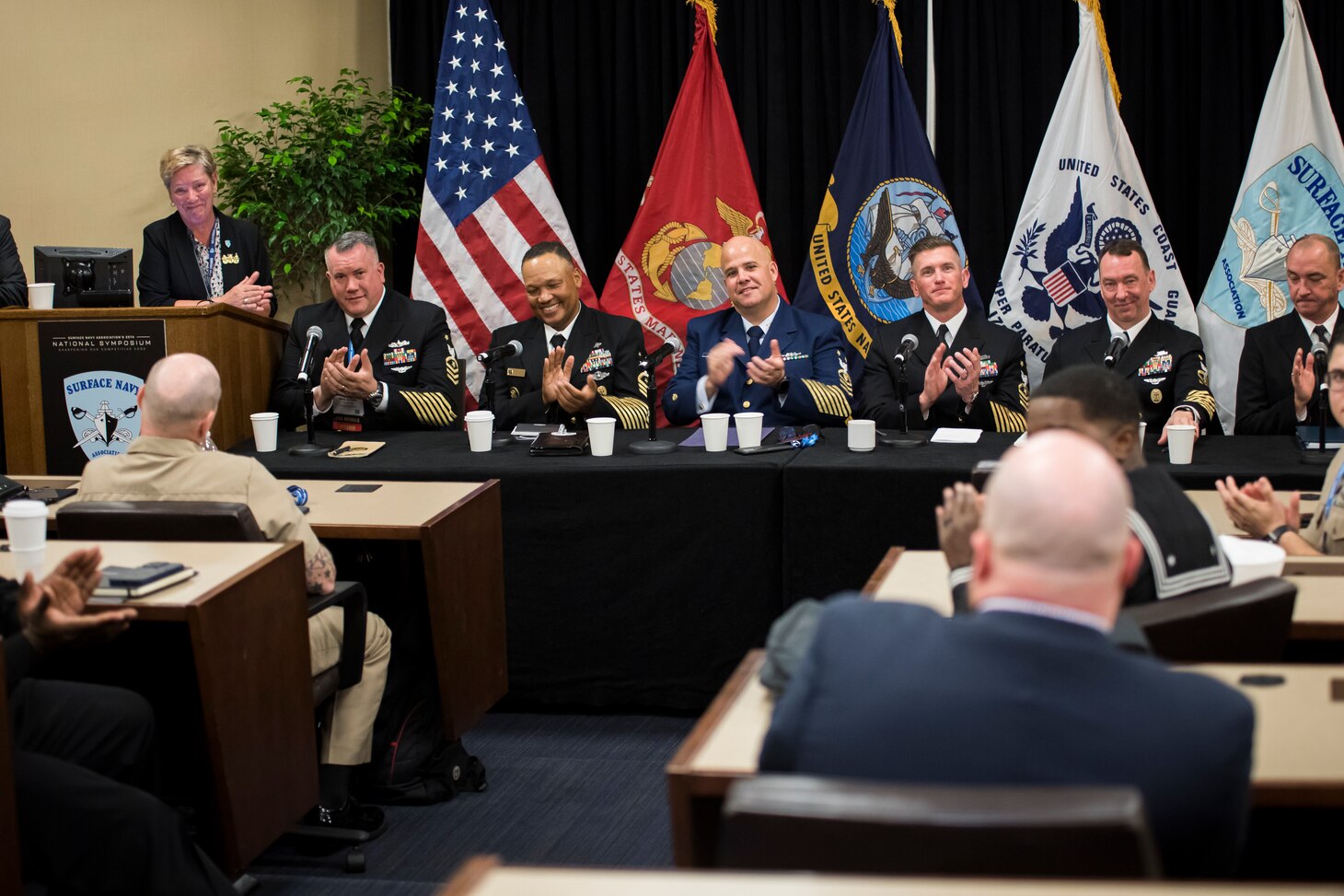 Top enlisted leaders from the U.S. Navy and U.S. Coast Guard take part in an enlisted roundtable at the Surface Navy Association’s 35th National Symposium in Arlington, Va., Jan. 10. The senior leaders answered questions from audience members, in-person and virtual, regarding concerns affecting service members and their families; topics included pay and allowances, childcare support, and access to mental healthcare. The symposium brought together joint experts and decision-makers in the military, industry, and congress to discuss how the Surface Force is a critical element of national defense and security.