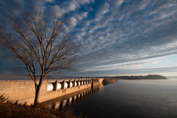 Wolf Creek Dam at Cumberland River mile 460.9 in Jamestown, Kentucky, forms Lake Cumberland. The U.S. Army Corps of Engineers Nashville District operates and maintains the project, which provides enormous flood risk management benefits. The dam is seen here the early morning of Jan. 10, 2023. (USACE Photo by Lee Roberts)