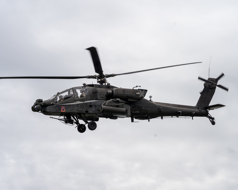 U.S. Army AH-64D Apache Longbow helicopter pilots assigned to Bravo Company, 1st Battalion, 3rd Aviation Regiment (Attack Reconnaissance), conduct a low altitude flight during man-portable air defense systems threat lane training at the Hohenfels Training Area, Germany, Sep.3, 2022. MANPADS prove to be a prolific threat for all peer and near-peer adversaries. The Hohenfels Training Area provides a unique terrain that allows the aircraft to conduct realistic nap of the earth flying. Saber Junction 22 provides a combat training center rotation for the U.S. Army's 173rd Airborne Brigade to assess the brigade's readiness to execute unified land operations in a joint, combined environment and to promote interoperability with participating Allied and partner nations. 12 CAB is among other units assigned to V Corps, America's Forward Deployed Corps in Europe. They work alongside NATO Allies and regional security partners to provide combat-ready forces, execute joint and multinational training exercises, and retain command and control for all rotational and assigned units in the European Theater. (U.S. Army photo by Capt. Gabrielle Hildebrand)