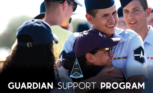 A young Guardian in uniform hugs a family member after graduating from basic military training. Overlaid on the photo is the Space Training and Readiness Command emblem with the text "Guardian Support Program."