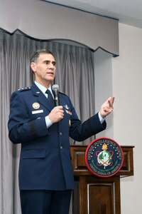 Air Force Lt. Gen. Marc Sasseville, vice chief, National Guard Bureau, addresses Defense Intelligence Agency defense attaches, Joint Base Anacostia Bolling, Washington, D.C., Jan. 12, 2023.