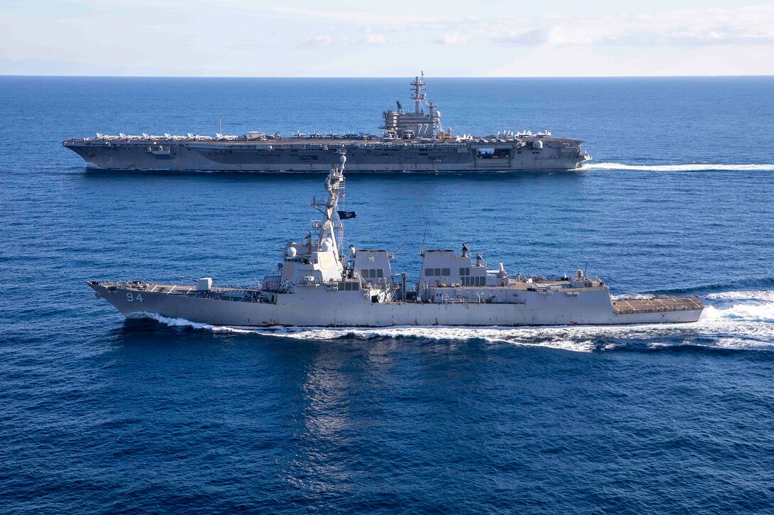 Navy ships sail parallel to each other in the Adriatic Sea.