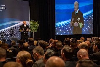 WASHINGTON (January 10, 2023) -- Chief of Naval Operations Adm. Mike Gilday speaks on a panel during the Surface Navy Association's 35th Annual National Symposium at the Hyatt Regency Crystal City in Washington D.C., Jan. 10. The symposium is a three-day conference that provides an opportunity for discussions on a broad range of professional and career issues for the surface Navy. (U.S. Navy photo by Chief Mass Communication Specialist Amanda Gray/released)