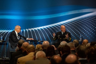 WASHINGTON (January 10, 2023) -- Chief of Naval Operations Adm. Mike Gilday speaks on a panel during the Surface Navy Association's 35th Annual National Symposium at the Hyatt Regency Crystal City in Washington D.C., Jan. 10. The symposium is a three-day conference that provides an opportunity for discussions on a broad range of professional and career issues for the surface Navy. (U.S. Navy photo by Chief Mass Communication Specialist Amanda Gray/released)