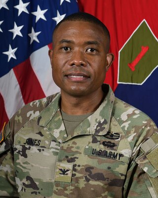 Lt. Col. Ricardo Jones is a native of Kansas City, Missouri. Jones graduated from Lincoln University in Jefferson City, Missouri, and commissioned as a Quartermaster Officer in December 2002. He completed the Quartermaster Officer Basic Course at Fort Lee, Virginia, in May 2003. 

His first duty assignment was 264th Combat Sustainment Support Battalion.  There he served as a rigger platoon leader for 600th Quartermaster Company, Supply Support Activity Platoon Leader for 364th Quartermaster Company, and Company Executive Officer for 259th Field Service Company. LTC Jones was then assigned to a Military Transition Team serving as a Logistics Advisor for a Battalion MITT Team.  Upon completion of the MITT Team, Jones was assigned to 1st Theater Support Command serving as an Emergency Operations Center Battle Captain.  He was then selected to serve as the Aide de Camp to the 50th Quartermaster General BG (R) Jesse Cross.  Following his Aide de Camp assignment, Jones assumed command of 267th Quartermaster Company, 49th Quartermaster Group. Jones then attended the Combined Logistics Captains Career Course followed by Command & General Staff College.  Following CGSC, Jones served as a Battalion Executive Officer for 27th Brigade Support Battalion, 4th Brigade Combat Team, 1st Calvary Division.  He was then assigned to serve as the Brigade Operations Officer for 4th Sustainment Brigade, 1st Calvary Division.  Following his Key and Developmental time at Fort Hood, Jones was assigned to the Army G4 Staff at the Pentagon where he served as the Military Assistant to the former Army G4 (Gen Gustave Perna).  Jones most recently served on the Joint Staff (J39) at the Pentagon as a Special Technical Operations Planner.