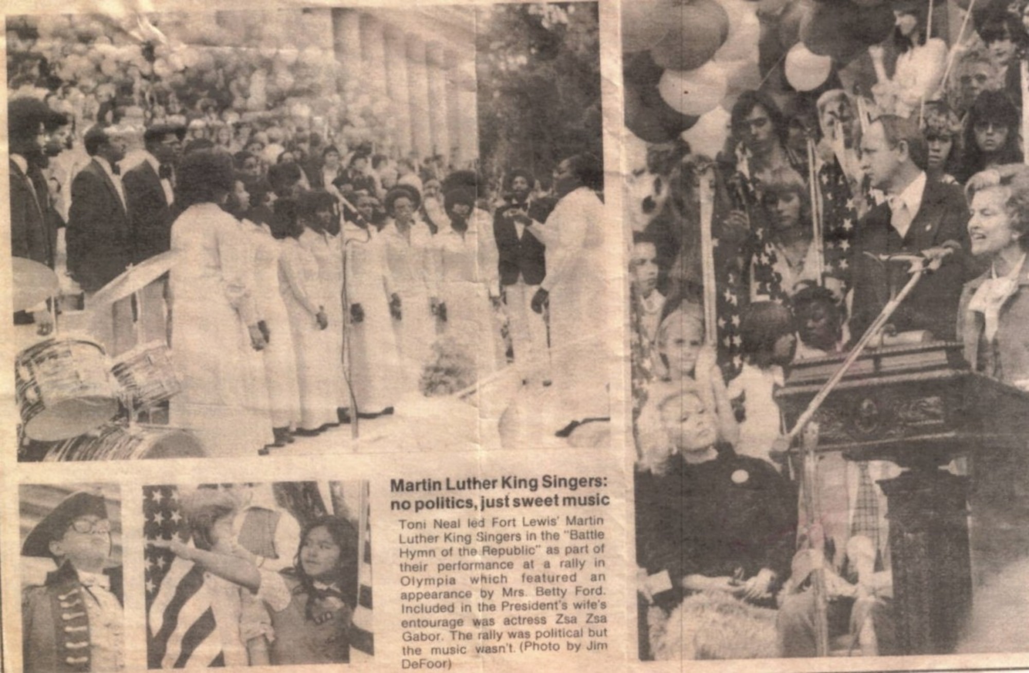Newspaper clipping of an article depicting the Martin Luther King Singers performing in Olympia for the late former first lady Betty Ford and her entourage, including the late actress, Zsa Zsa Gabor.