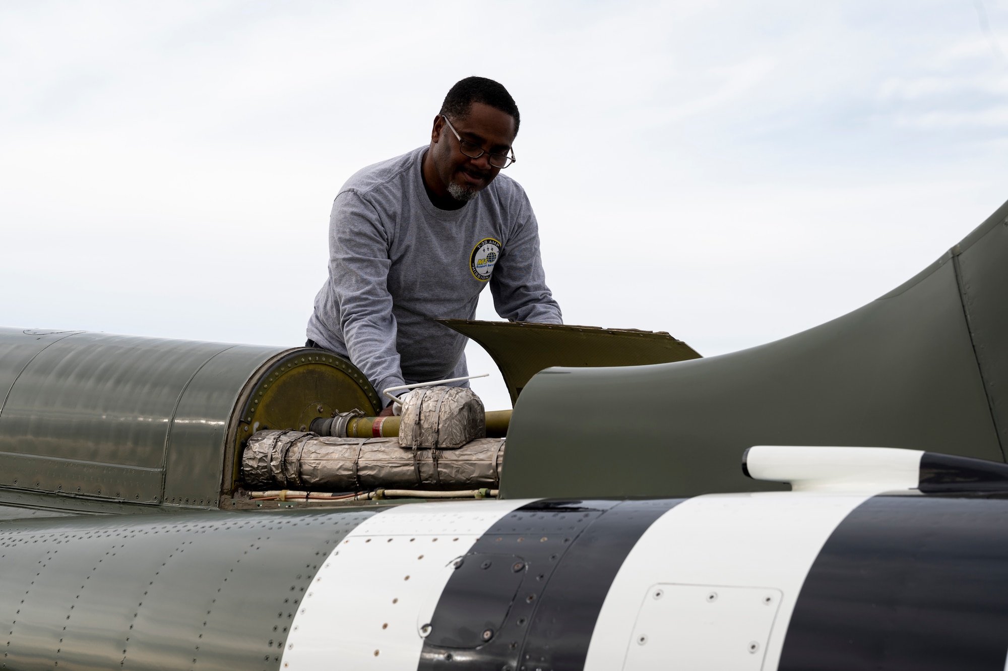 John Anderson, 586th Flight Test Squadron M1 avionics specialist, performs maintenance on a T-38C Talon at Holloman Air Force Base, New Mexico, Jan. 10, 2022.