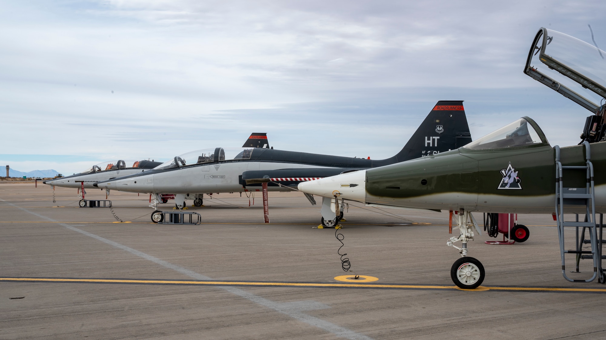 Three T-38C Talons assigned to the 586th Flight Test Squadron are parked on the runway at Holloman Air Force Base, New Mexico, Jan. 10, 2022.